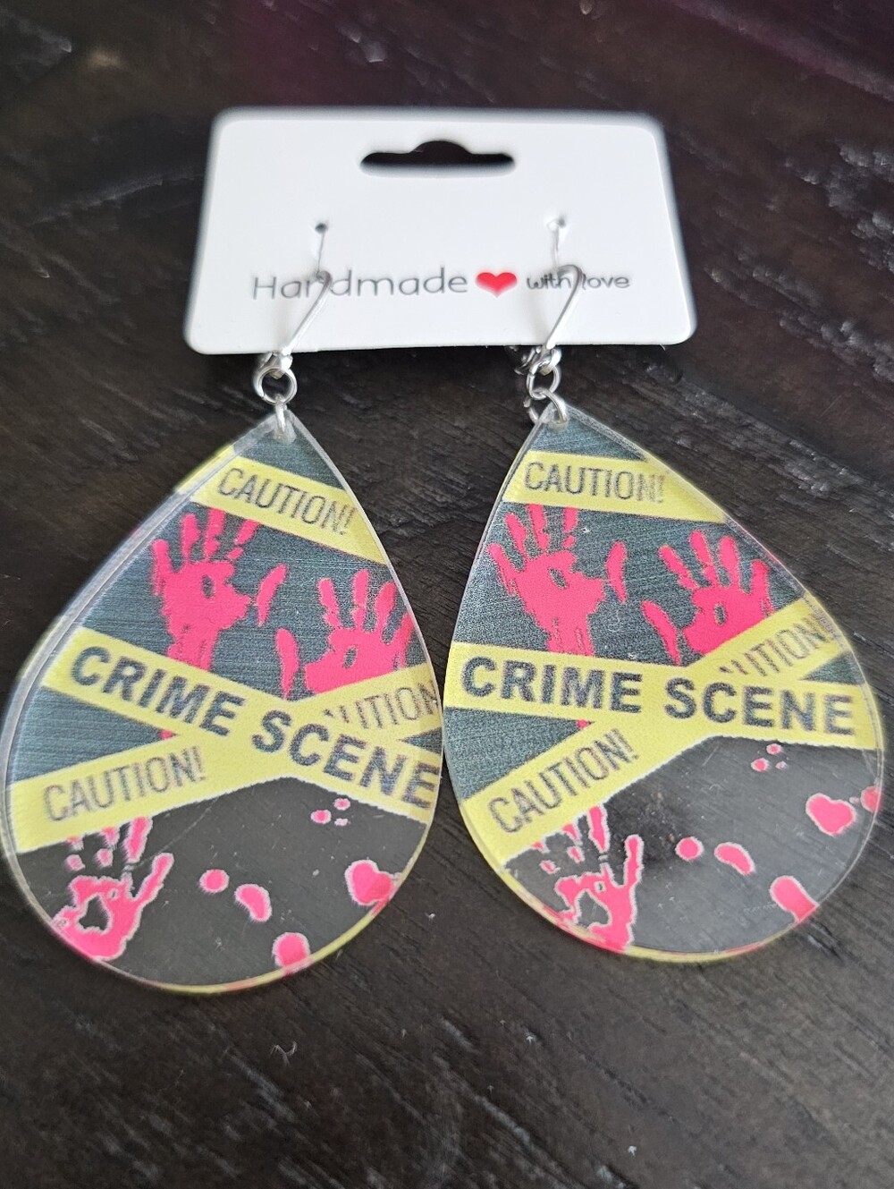 New Crime Scene Caution Tape Teardrop Earrings Stainless Steel Hooks Horror